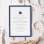 Nautical Navy & White Rehearsal Dinner Invitation Kaart<br><div class="desc">Onze elegante uitnodigingen voor het avondeten van de zomerbruiloft zijn kenmerkend voor klassieke nautische stichting met een schone, minimalistische blik. Het ontwerp omvat een dubbele grens van rijk marineblauw met bovenaan een overzicht van het marineschepen. Het elegante blok en het manuscript dat in zacht grijs en passend marinesblauw wordt gedrukt...</div>