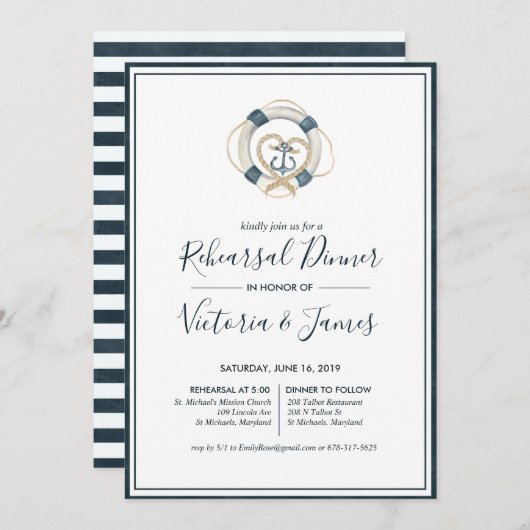 Nautical Navy & White Rehearsal Dinner Invitation Kaart (Voorkant / Achterkant)