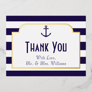 Nautical Navy & White Stripe Anchor Hartelijk dank Folie Uitnodiging Briefkaart