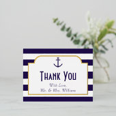 Nautical Navy & White Stripe Anchor Hartelijk dank Folie Uitnodiging Briefkaart (Staand Voorkant)