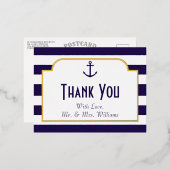Nautical Navy & White Stripe Anchor Hartelijk dank Folie Uitnodiging Briefkaart (Voorkant / Achterkant)