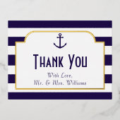 Nautical Navy & White Stripe Anchor Hartelijk dank Folie Uitnodiging Briefkaart (Voorkant)