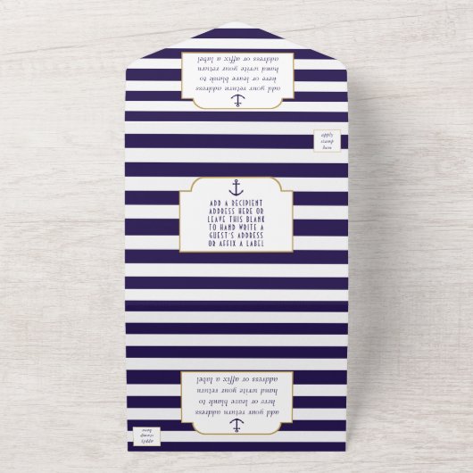 Nautical Navy & White Stripe Anchor Wedding All In One Uitnodiging (Buitenkant)
