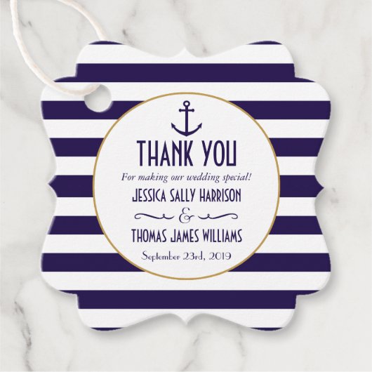 Nautical Navy & White Stripe Anchor Wedding Bedankjes Labels (Voorkant)