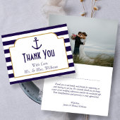Nautical Navy & White Stripe Anchor Wedding Bedankkaart