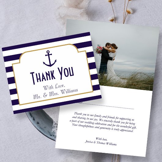 Nautical Navy & White Stripe Anchor Wedding Bedankkaart
