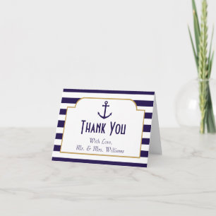 Nautical Navy & White Stripe Anchor Wedding Bedankkaart