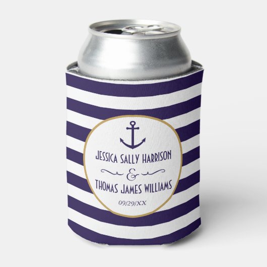 Nautical Navy & White Stripe Anchor Wedding Blikjeskoeler (Blikje Voorkant)