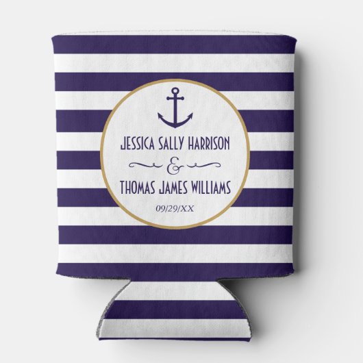 Nautical Navy & White Stripe Anchor Wedding Blikjeskoeler (Achterkant)