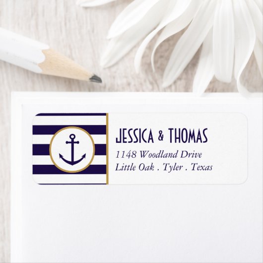 Nautical Navy & White Stripe Anchor Wedding Etiket (Insitu)