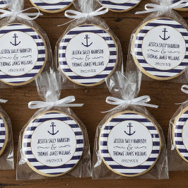Nautical Navy & White Stripe Anchor Wedding Favor Ronde Sticker