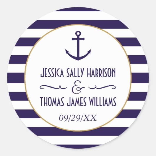 Nautical Navy & White Stripe Anchor Wedding Favor Ronde Sticker (Voorkant)