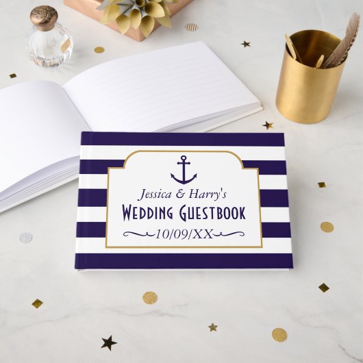Nautical Navy & White Stripe Anchor Wedding Gastenboek (Voorkant open)