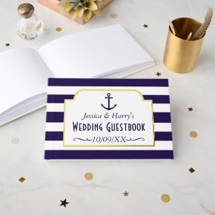 Nautical Navy & White Stripe Anchor Wedding Gastenboek
