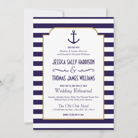 Nautical Navy & White Stripe Anchor Wedding Kaart (Voorkant)