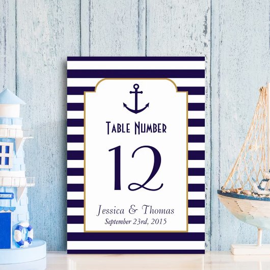 Nautical Navy & White Stripe Anchor Wedding Kaart
