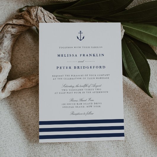 Nautical Navy & White Stripe Anchor Wedding Kaart