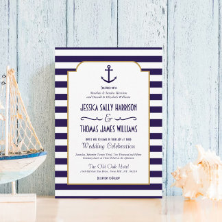 Nautical Navy & White Stripe Anchor Wedding Kaart