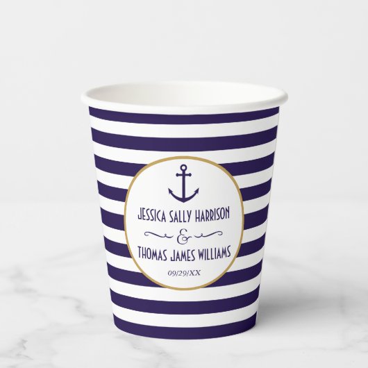 Nautical Navy & White Stripe Anchor Wedding Papieren Bekers (Achterkant)