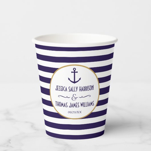 Nautical Navy & White Stripe Anchor Wedding Papieren Bekers (Voorkant)