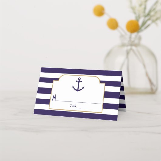 Nautical Navy & White Stripe Anchor Wedding Plaatskaartje (Voorkant)