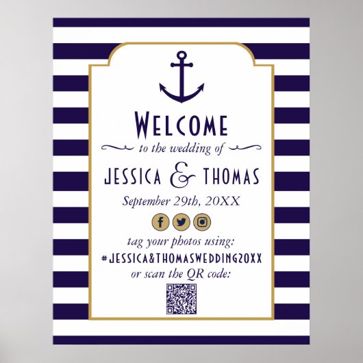 Nautical Navy & White Stripe Anchor Wedding Poster (Voorkant)