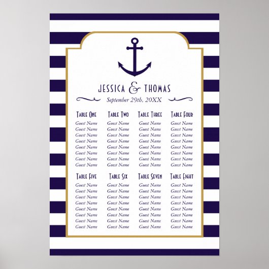 Nautical Navy & White Stripe Anchor Wedding Poster (Voorkant)