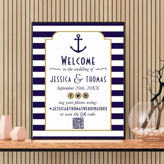 Nautical Navy & White Stripe Anchor Wedding Poster