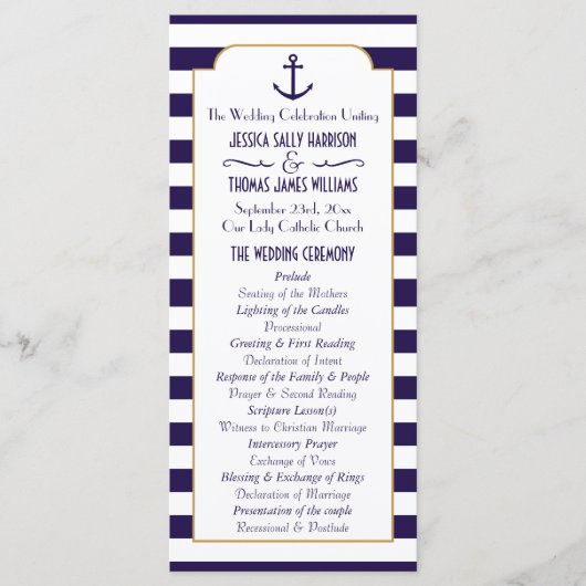 Nautical Navy & White Stripe Anchor Wedding Programmakaart (Voorkant)