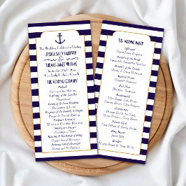 Nautical Navy & White Stripe Anchor Wedding Programmakaart
