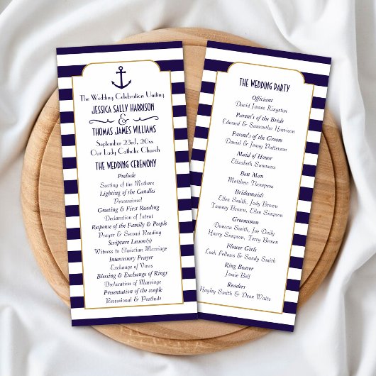 Nautical Navy & White Stripe Anchor Wedding Programmakaart