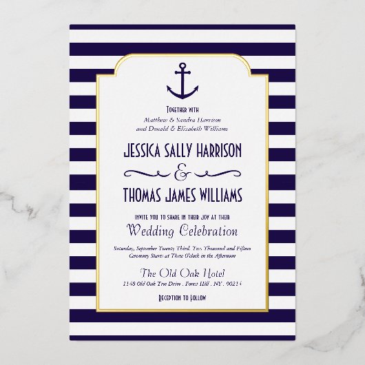 Nautical Navy & White Stripe Anchor Wedding Real F Folie Uitnodiging (Voorkant)