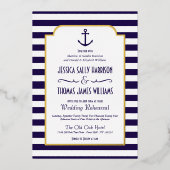 Nautical Navy & White Stripe Anchor Wedding Real Folie Uitnodiging (Voorkant)