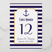 Nautical Navy & White Stripe Anchor Wedding Real Folie Uitnodiging (Voorkant)