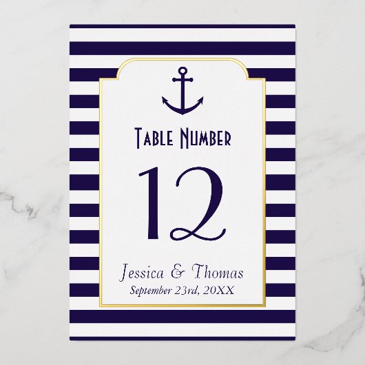 Nautical Navy & White Stripe Anchor Wedding Real Folie Uitnodiging (Voorkant)