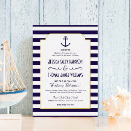 Nautical Navy & White Stripe Anchor Wedding Real Folie Uitnodiging