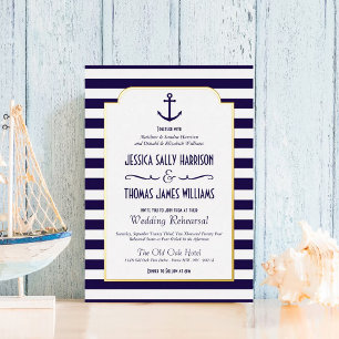 Nautical Navy & White Stripe Anchor Wedding Real Folie Uitnodiging