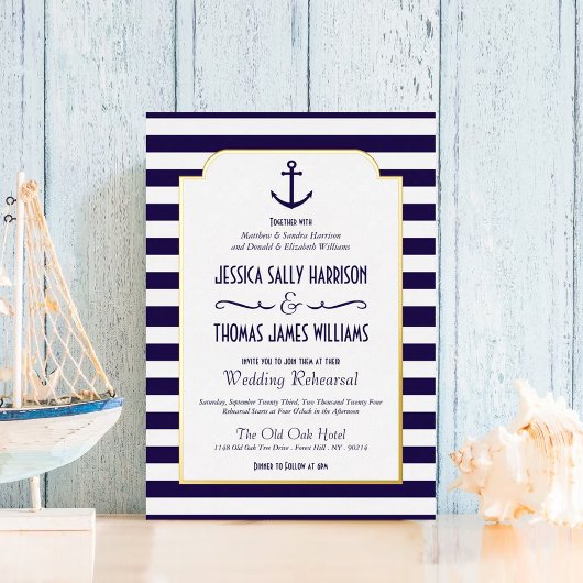 Nautical Navy & White Stripe Anchor Wedding Real Folie Uitnodiging