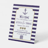 Nautical Navy & White Stripe Anchor Wedding Reclamebord Met Voetstuk (Voorkant)