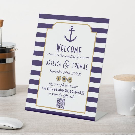 Nautical Navy & White Stripe Anchor Wedding Reclamebord Met Voetstuk (Insitu)