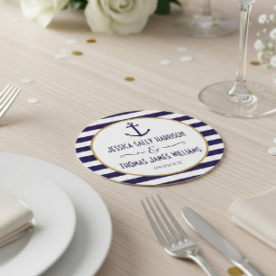Nautical Navy & White Stripe Anchor Wedding Ronde Kartonnen Onderzetter