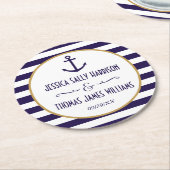 Nautical Navy & White Stripe Anchor Wedding Ronde Kartonnen Onderzetter (Gebogen)