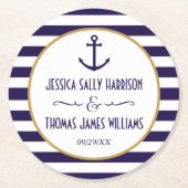 Nautical Navy & White Stripe Anchor Wedding Ronde Kartonnen Onderzetter (Voorkant)