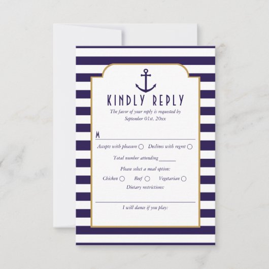 Nautical Navy & White Stripe Anchor Wedding RSVP (Voorkant)