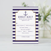 Nautical Navy & White Stripe Anchor Wedding RSVP (Staand voorkant)