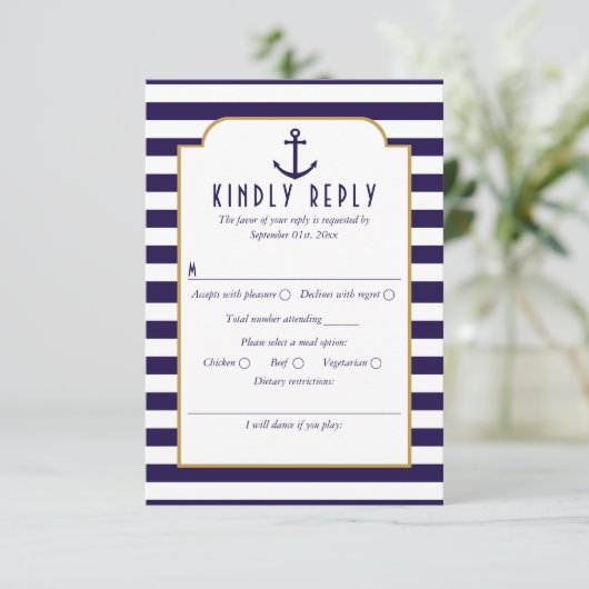Nautical Navy & White Stripe Anchor Wedding RSVP (Staand voorkant)