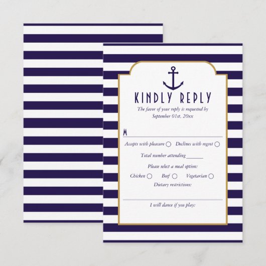 Nautical Navy & White Stripe Anchor Wedding RSVP (Voorkant / Achterkant)