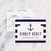 Nautical Navy & White Stripe Anchor Wedding RSVP Folie Uitnodiging Briefkaart