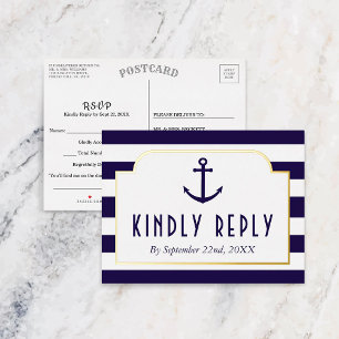 Nautical Navy & White Stripe Anchor Wedding RSVP Folie Uitnodiging Briefkaart