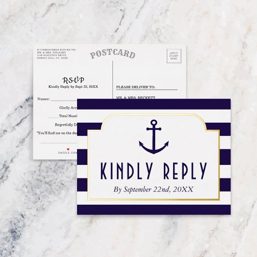 Nautical Navy & White Stripe Anchor Wedding RSVP Folie Uitnodiging Briefkaart